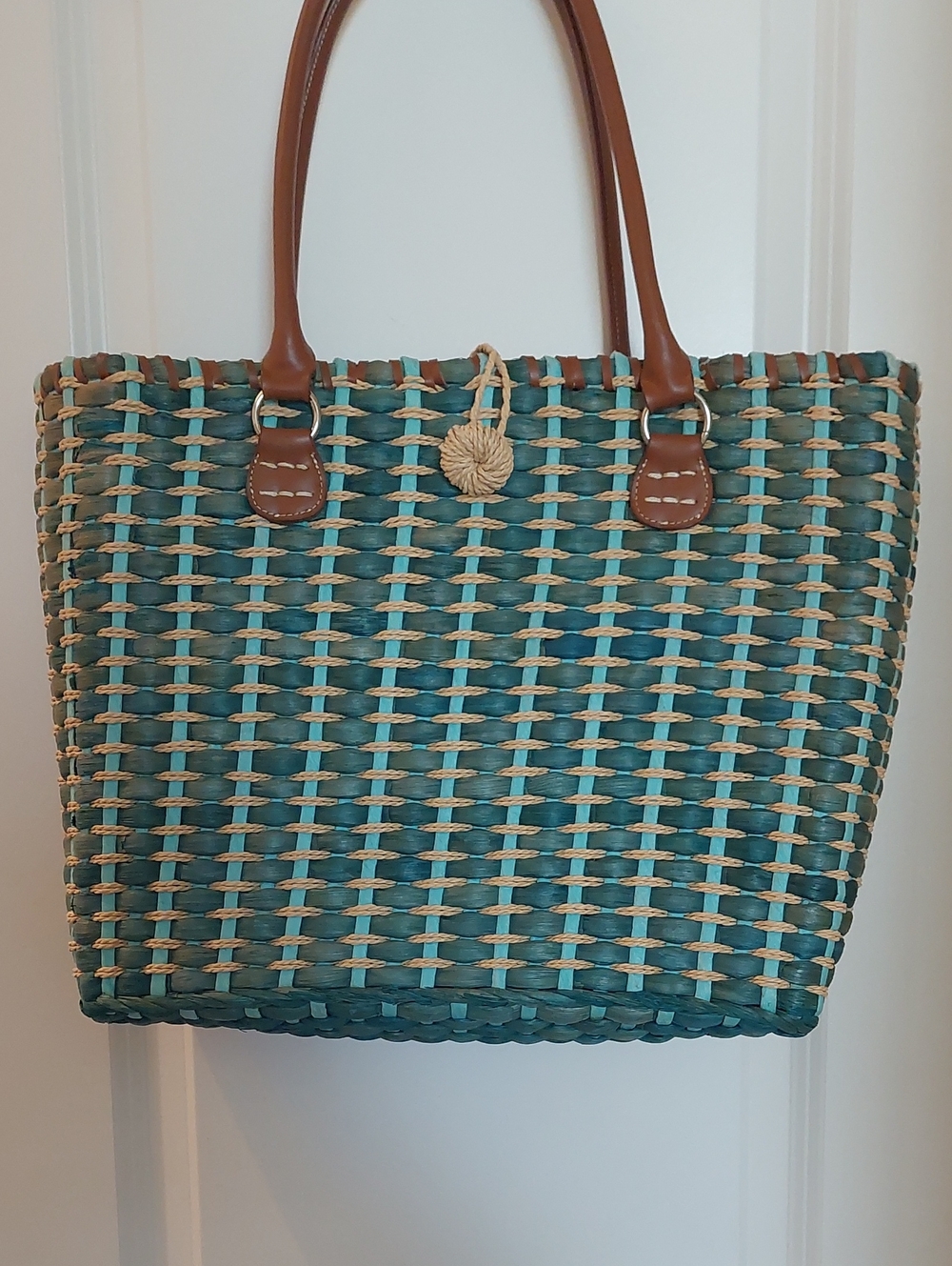 SUN N' SAND Teal Woven Straw Wicker Shoulder Tote Bag